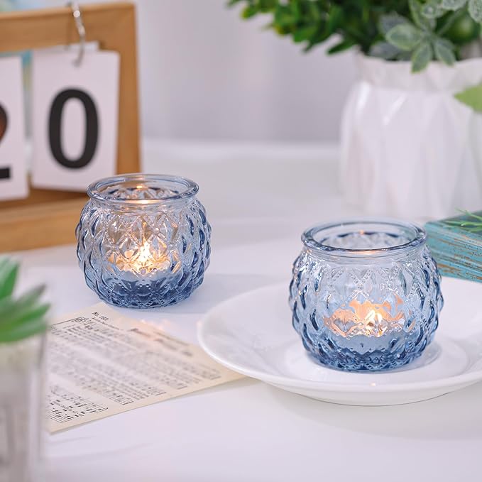 DARJEN 12Pcs Blue Votive Candle Holders - Round Glass Candle Holders Bulk for Tea Light Candle, Diamond Texture Candle Votives for Wedding Centerpiece, Party & Home Decor