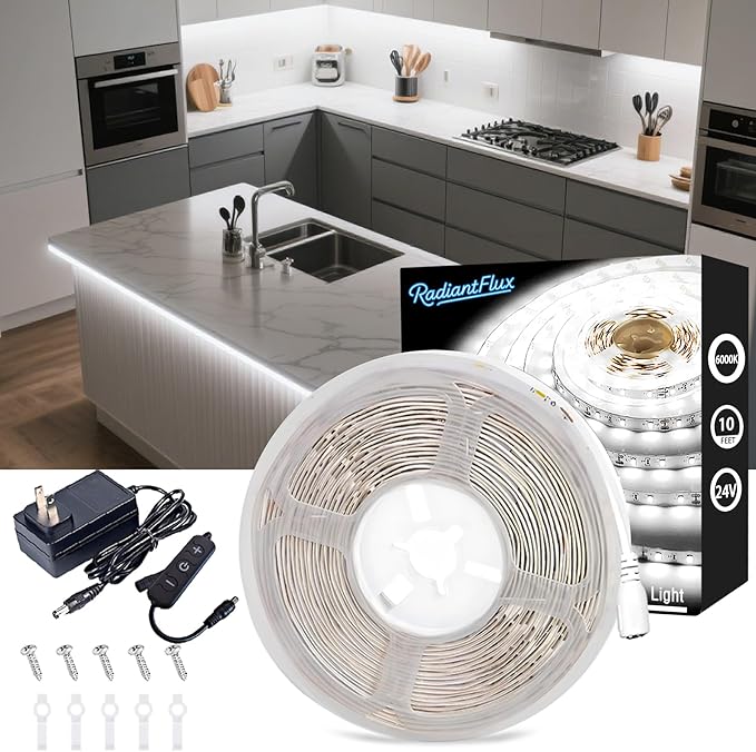 Under Cabinet Lighting Kit Small Led Strip Lights 10 ft White, Dimmable Flexible LED Lights Strip, 180 Leds, Super Bright LED Tape Rope Lights for for Kitchen Cabinets, Shelf, Desk, Counter