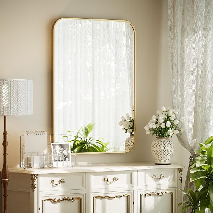 BEAUTYPEAK 20" x 28" Rectangular Aluminum Alloy Frame Wall Mounted Bathroom Mirror with Rounded Corners, Gold