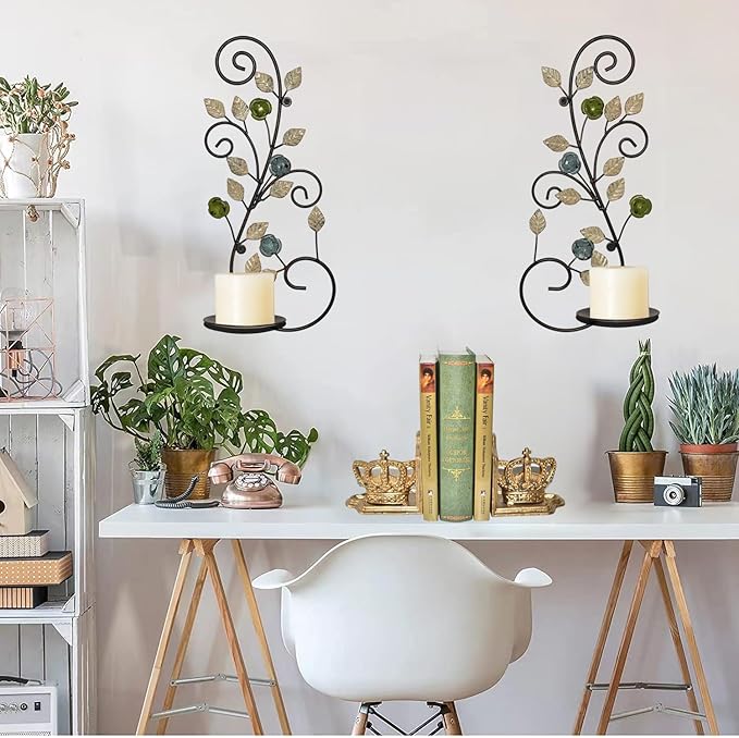 Wall Sconces Candle Holder Set of 2, Antique White Leaf and Multi-Color Flower Branch Wall Mount Hanging Metal Wall Candle Holder Candle Sconce for Living Room Dining Room
