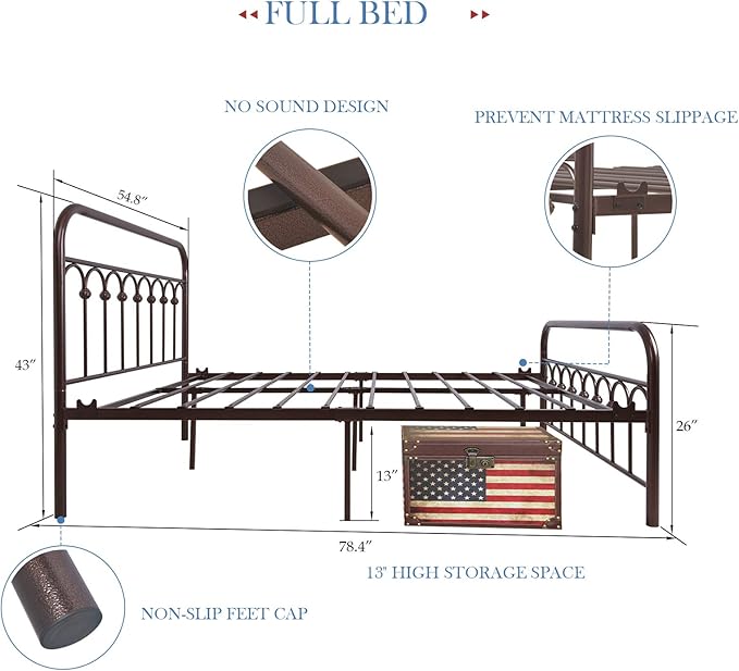 YALAXON Vintage Sturdy Full Size Metal Bed Frame with Headboard and Footboard Basic Bed Frame No Box Spring Needed，Antique Brown