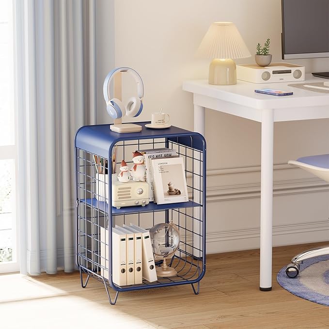 APEXCHASER Cute Nightstand,Metal Side Table,3-Tier Modern End Table with Storage Shelf, Unique Side Tables, Cute Coffee Table for Living Room, Small Table for Bedroom,Navy Blue