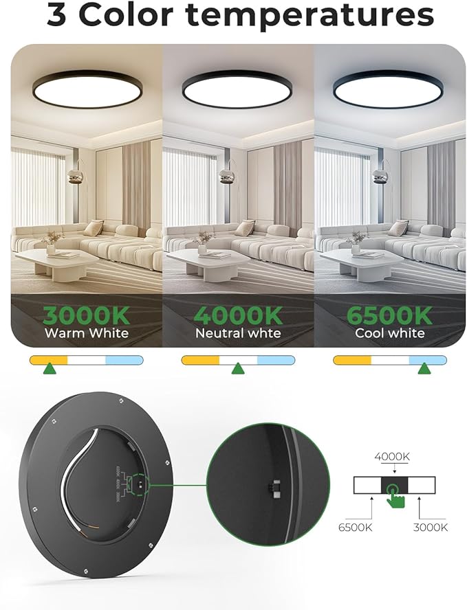 hepside 23INCH Big Dimmable Flush Mount Ceiling Light Fixture Black, 3CCT Selectable 3000/4000/6500K Ceiling Lamp, 50W 5000LM Super Bright Low Profile Light for Bedroom, Kitchen, Bathroom, Hallway