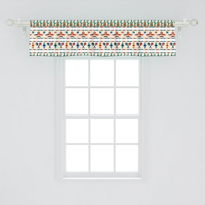 Ambesonne Mexican Window Valance, Latin American Cultural Native Borders Indigenous Saguaro Sombrero Tequila Bottle, Curtain Valance for Kitchen Bedroom Decor with Rod Pocket, 54" X 12", Jade Green