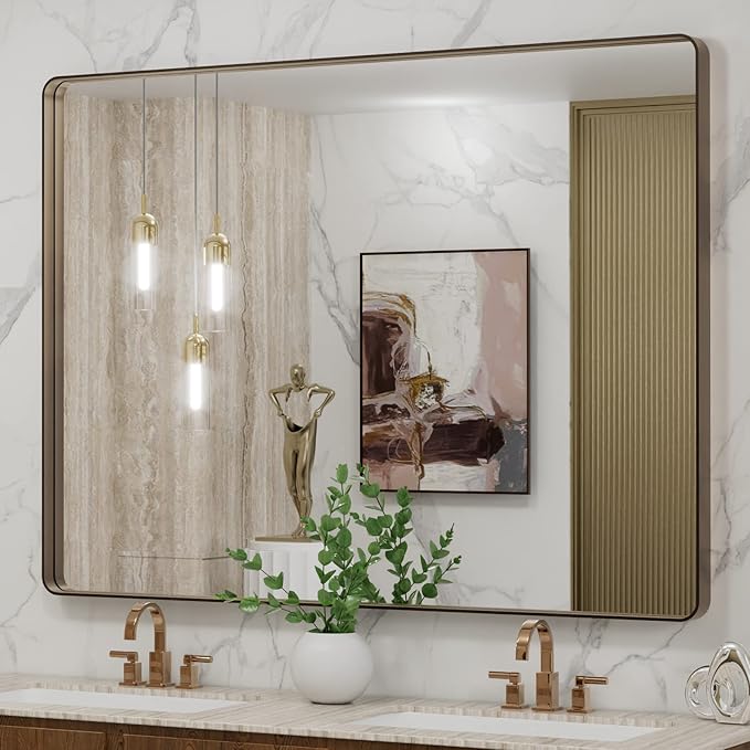 LOAAO 48”X36” Bronze Bathroom Mirrors for Vanity, Rounded Rectangle Brushed Bronze Metal Frame Mirror, Anti-Rust, Tempered Glass, Hangs Horizontally or Vertically