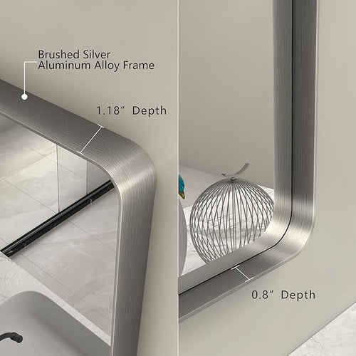 16x24 Inch Brushed Nickel Bathroom Mirror, Rounded Rectangle Silver Metal Frame Mirror, Silver Bathroom Vanity Mirror, Anti-Rust, Hangs Horizontally or Vertically