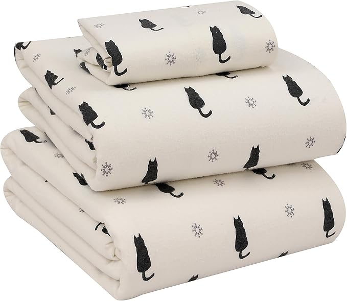 RUVANTI Flannel Sheets Twin XL Size - 100% Cotton Double Brushed Twin XL Sheet Sets, Deep Pockets 16 Inches, All Seasons Breathable & Extra Soft Bed Sheets, Warm & Cozy, 3 Piece, Black Cat