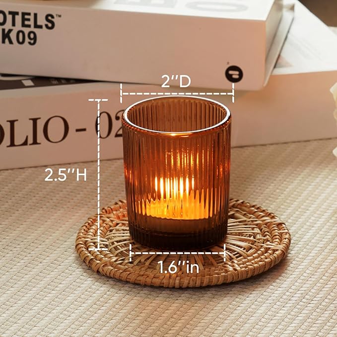 Homemory 12 Pcs Glass Votive Candle Holders, Amber Tealight Candle Holder, Vintage Candle Holders Bulk for Table Centerpieces, Christmas, Baby Shower, Birthday, Wedding, Party