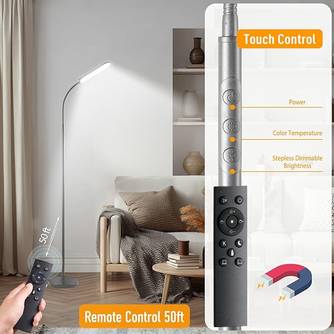 Grey LED Floor Lamp, 18W 1800LM Bright Floor Lamps with Remote & Works with Smart Plug, Dimmable Timing Eye Caring Reading Light Modern Standing Floor Lamp for Living Room Bedroom Office