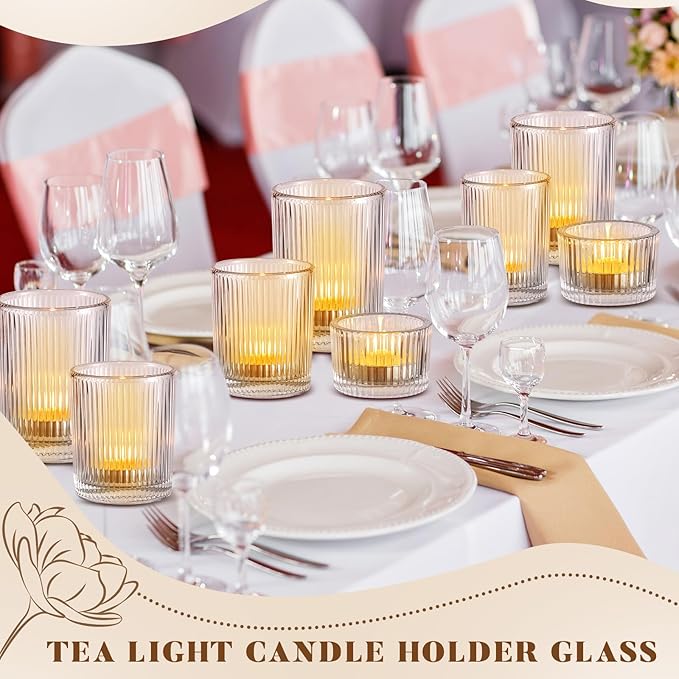 Mumufy 24 Pcs Assorted Votive Candle Holders Ribbed Glass Tealight Candle Holder Bulk for Table Centerpiece, Baby Shower, Home and Wedding Party Decoration (Clear)