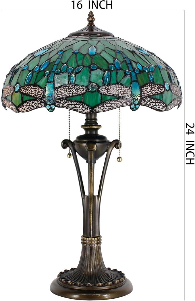 Tiffany Table Lamp Green Stained Glass Desk Lamp 16X16X24Inches Dragonfly Style Reading Light