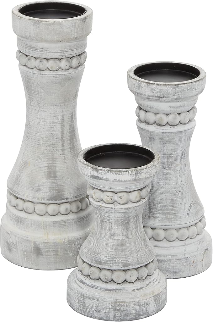 Deco 79 Wood Solid Candle Holder, Set of 3 12", 9", 7"H, Gray
