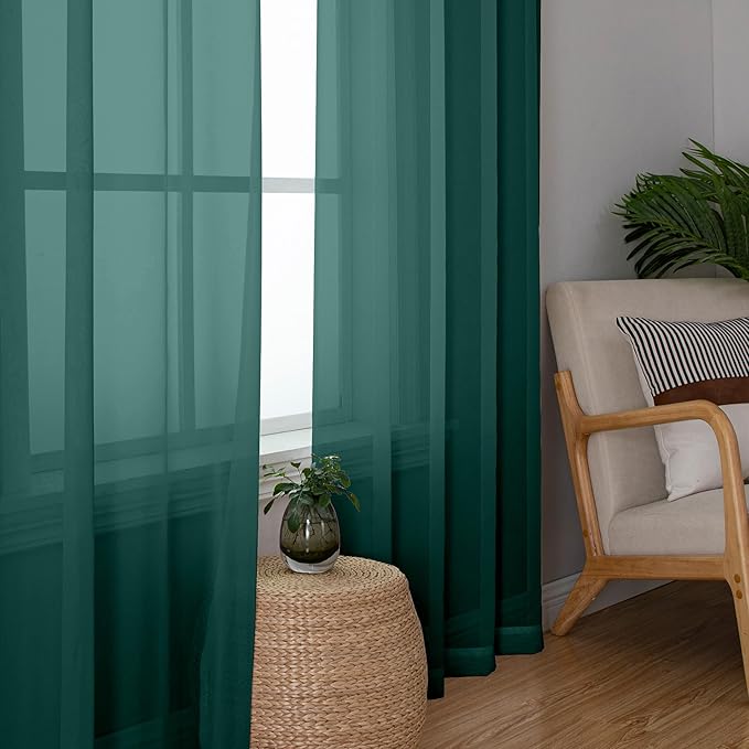 Aiyufeng Hunter Green Sheer Curtain Drapes 45 Inch Length 2 Panels for Living Room, Light Filtering Voile Green Drapes for Bedroom, Patio, Sliding Door, Each 42" W x 45" L