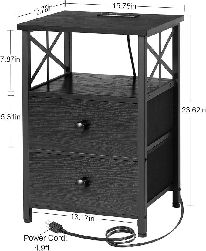 AMHANCIBLE Night Stand Set 2, Black Nightstand with Charging Station, End Tables Living Room with USB Ports and Outlets, Bedside Table with Fabric Drawers for Bedroom, HET05XBK
