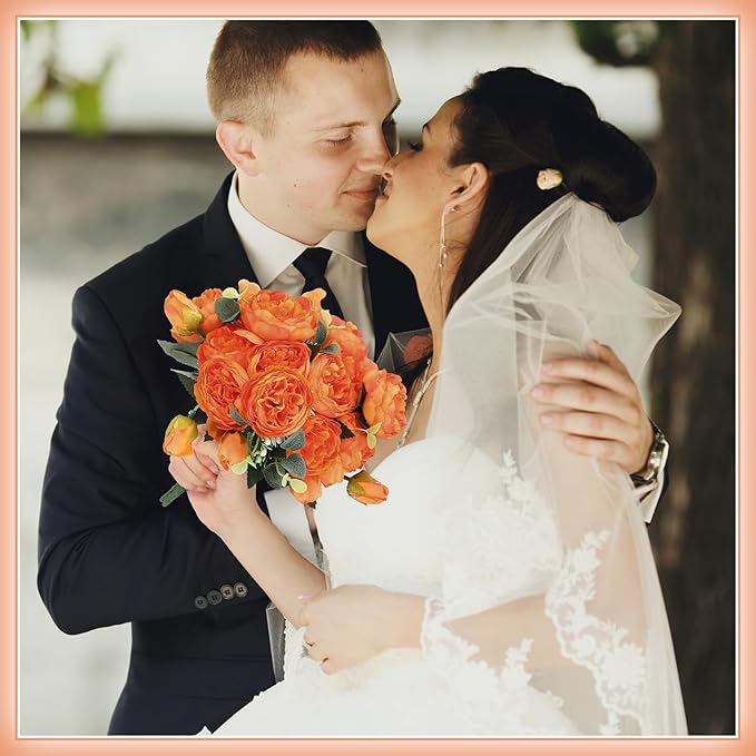Hoteam 24 Bundles Artificial Peonies Flowers Wedding Faux Flowers Silk Peony Bouquet Bulk Bride Fake Florals Arrangements for Table Centerpieces Wedding Party Vase Decor (Orange)