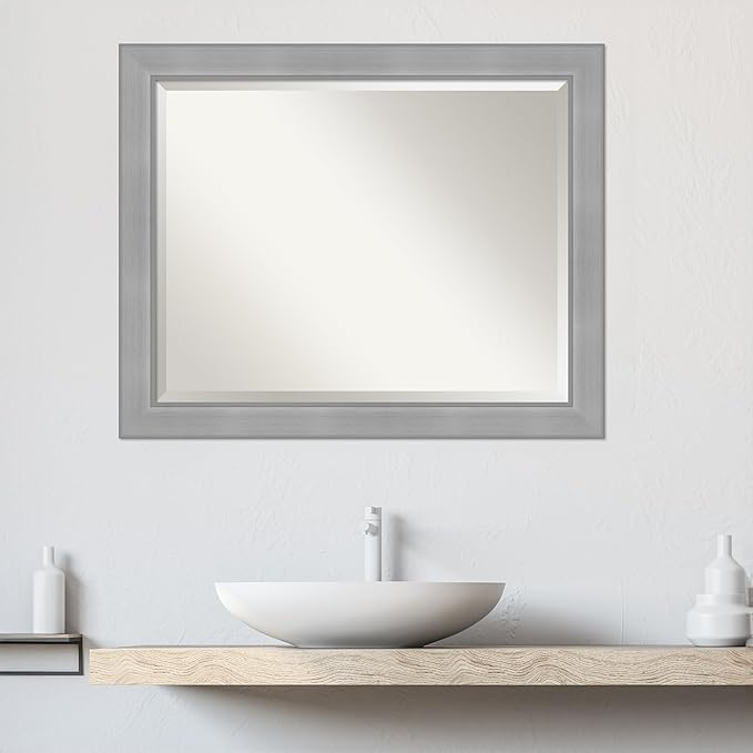 Amanti Art Silver Bathroom Mirror for Over Sink, 26x32 Vista Brushed Nickel Rectangle Vanity Mirror, Large Casual Frame, Hangs Horizonally and Vertically, Bathroom Wall Decor, Beveled Edge