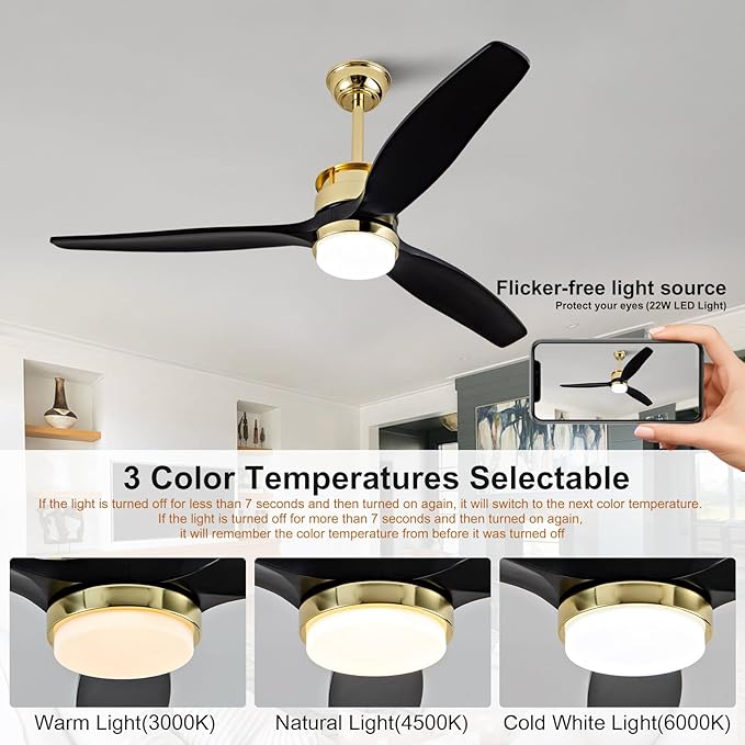 BOJUE 52 Inch Black Gold Ceiling Fans with Lights and Remote, Reversible Quite DC Motor,6 Speeds with Memory Program,Modern Farmhouse Wood Ceiling Fan with Light for Living Room Patio