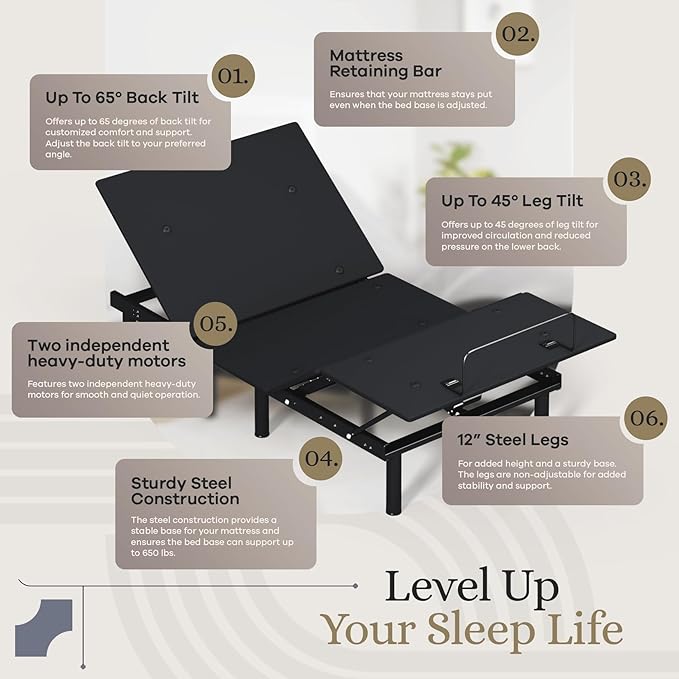 Sven and Son Essential Adjustable Bed Base (Frame Only), Easy Assembly, Head and Foot Lift, Memory Positions, Zero Gravity, Wireless Remote - Twin XL