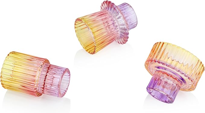 Vixdonos Taper Glass Candlestick Holders Tealight Candle Holders for Table Centerpieces, Wedding Decor and Dinner Party (6 Pcs, Purple-Pink-Yellow)