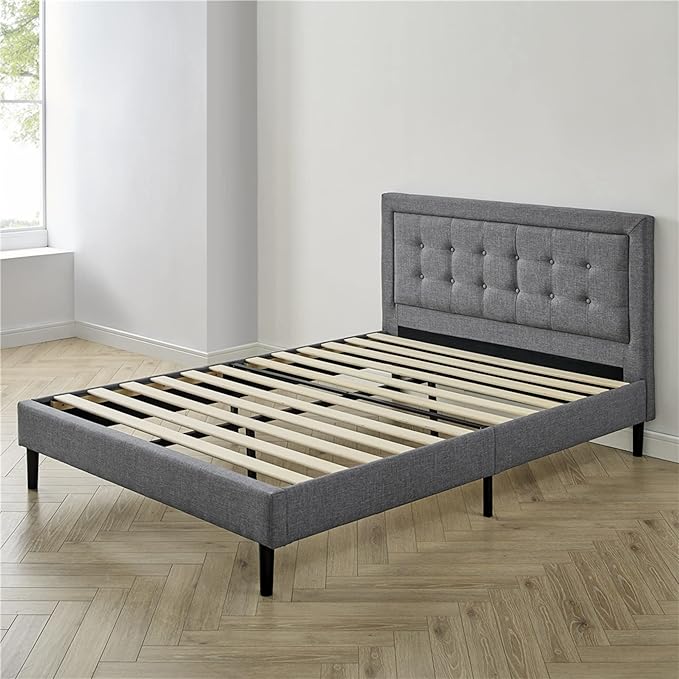DeCoro Mornington 2.0 Upholstered Platform Bed | Headboard and Metal Frame with Wood Slat Support, Grey, King Size