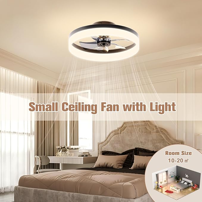 VOLISUN Low Profile Ceiling Fans with Lights and Remote,15.7in Modern Ceiling Fan Flush Mount,3000K-6500K Dimmable Bladeless LED Fan Light,Black Fandelier Ceiling Fans with Lights for Bedroom