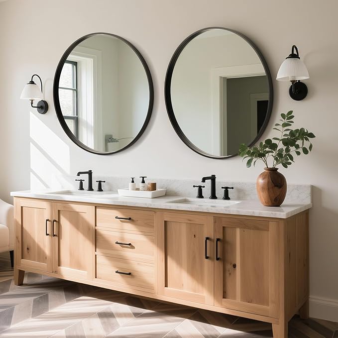 WallBeyond Round Wood Mirror, 32" Round Modern Decoration Large Circle Wall Mirror for Bathroom Living Room Bedroom Entryway, Black