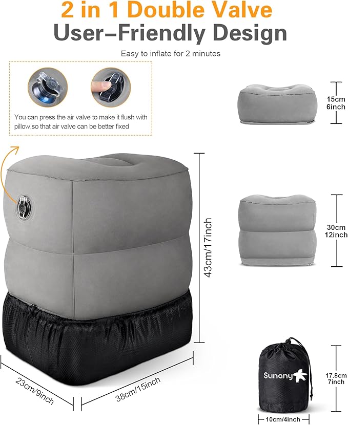 Sunany Inflatable Travel Foot Rest Pillow, Airplane Bed for Kids and Toddler, Adjustable Height Portable Elevating Leg, Trains, Cars, Home, Office (2 Pack)
