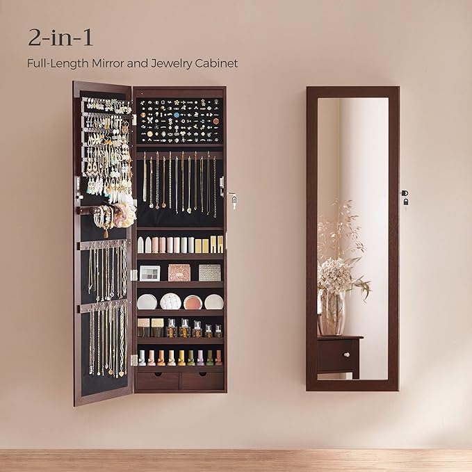 SONGMICS 6 LEDs Mirror Jewelry Cabinet, 47.2-Inch Tall Lockable Wall or Door Mounted Jewelry Armoire Organizer with Mirror, 2 Drawers, Christmas Gift, 3.9 x 14.6 x 47.2 Inches, Brown