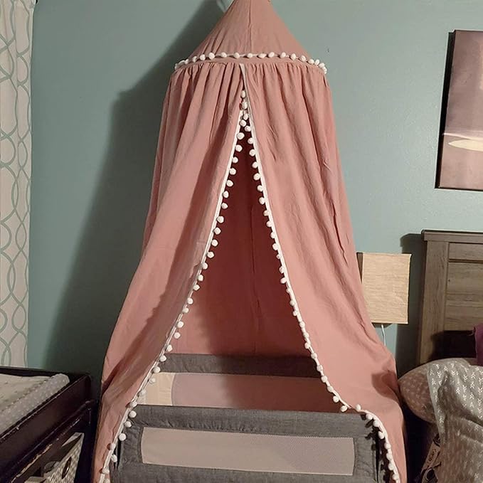 Bed Canopy with Pom Pom for Kids Crib Baby Girl Netting Cover Canopy Crib Curtain Reading Nook Hanging Tent Nursery Play Game Castle Room Decoration (Pink)