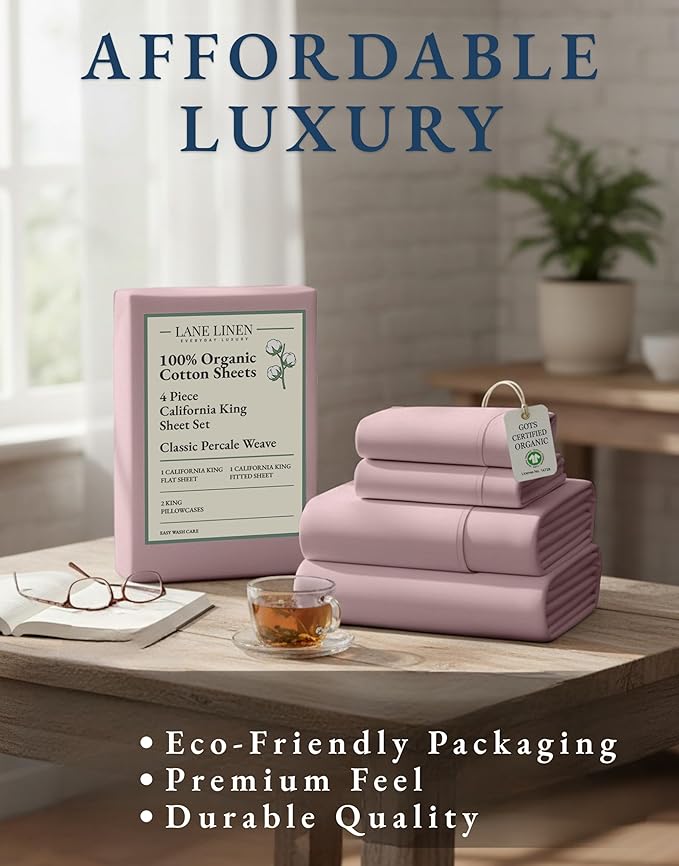 LANE LINEN 100% Organic Cotton Fully Elasticized California King Sheet Set, Low Pilling Fade Resistant Machine Washable Naturally Cooling Mercerized Soft & Comfy Cotton Sheets – Sepia Rose