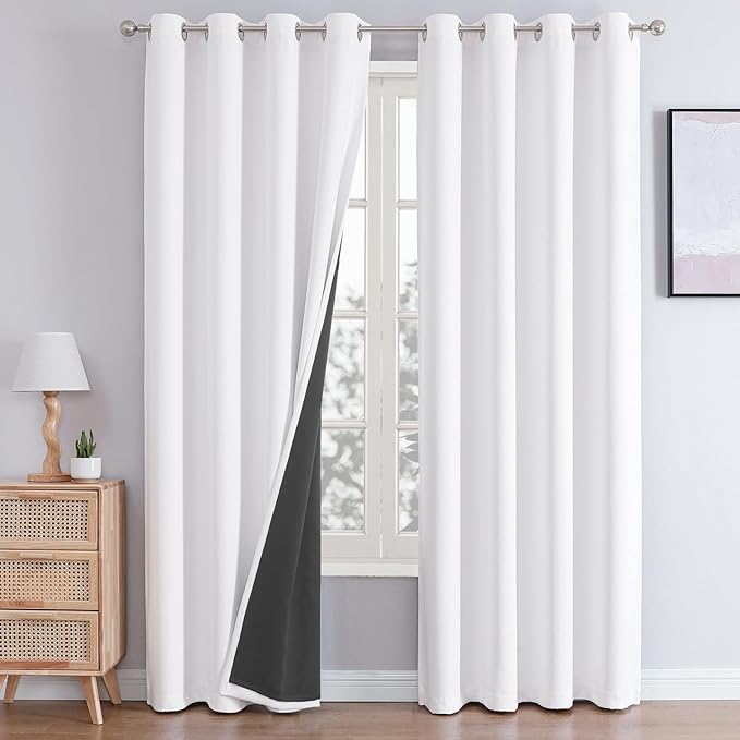 ChrisDowa White 100% Blackout Curtains 108 inch Long for Bedroom with Black Liner, 2 Thick Layers Total Blackout Thermal Insulated Grommet Window Curtains 2 Panels Set (Pure White, 52 x 108 Inch)