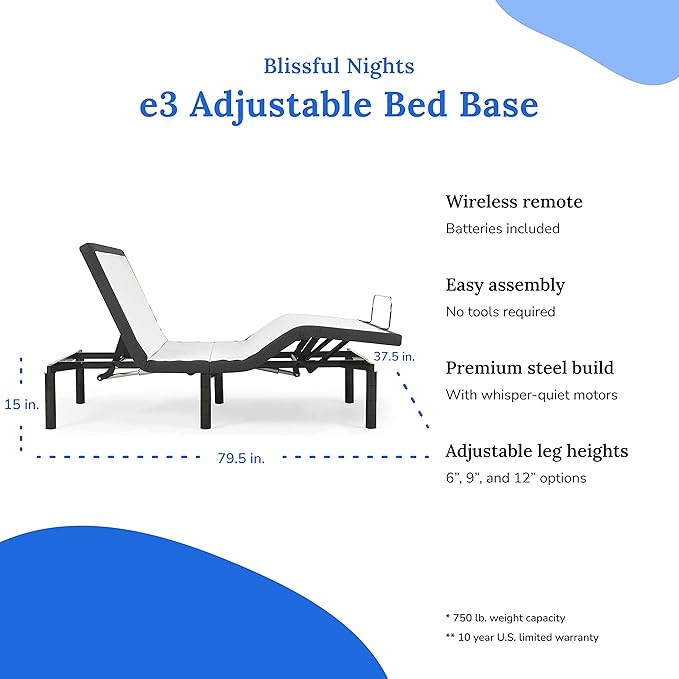 Blissful Nights e3 Split King Adjustable Bed Base Frame with 10" Medium Firm Gel Infused Memory Foam Mattress