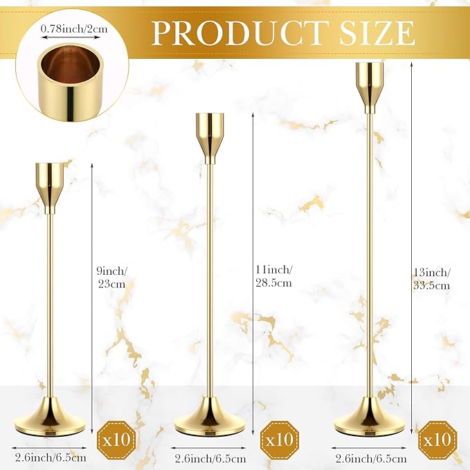 Mumufy 30 Pcs Candle Holders Taper Candlestick Metal Tall Candle Holders Table Centerpieces for Wedding Party Home Decorations, Fits 3/4'' Thick(Imitation Gold)