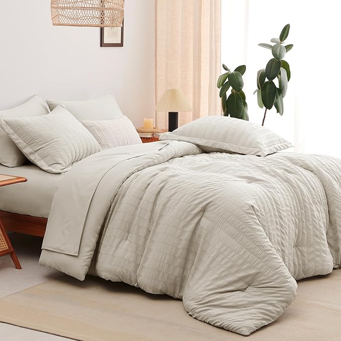 CozyLux Queen Comforter Set Beige Seersucker 7 Pieces Bed in a Bag Queen Comforter Set with Sheets, Luxury Soft Bedding Set with Down Alternative Comforter, Sheets, Pillowcases & Shams for All Seasons
