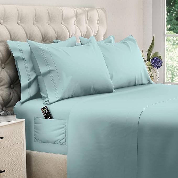 DREAMCARE Queen Sheet Set – 6 pcs Cooling Bed Sheets – up to 21” Deep Pocket Queen Sheets Set – 2500 Supreme Collection – Extra Soft 100% Brushed Microfiber Hotel Luxury with Side Pocket – Spa Blue