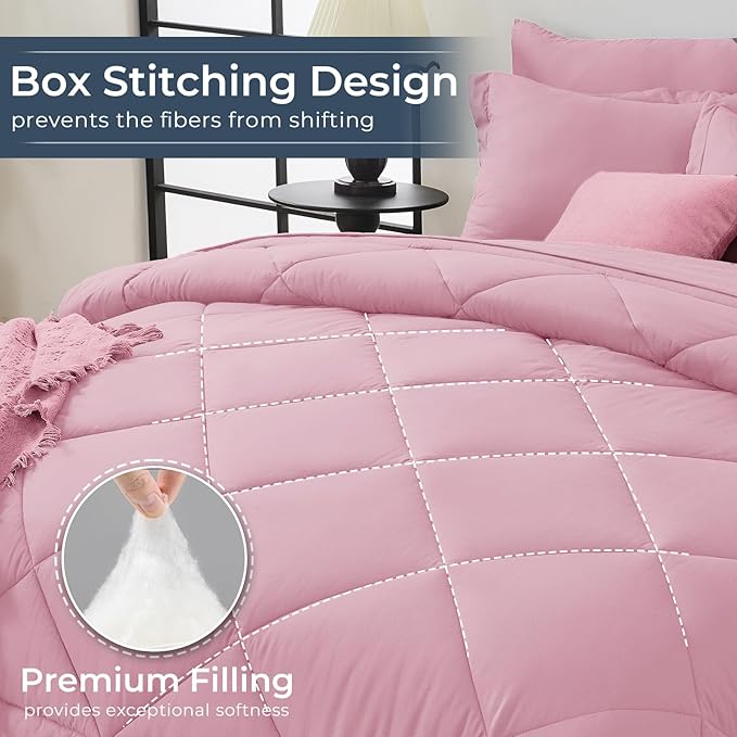 HEVUMYI Pink Queen Comforter Set - 7-Piece All Season Bed in a Bag Queen, Ultra Soft Bedding Set with Comforter, Flat Sheet, Fitted Sheet, Pillowcases, Pillow Shams, Pink