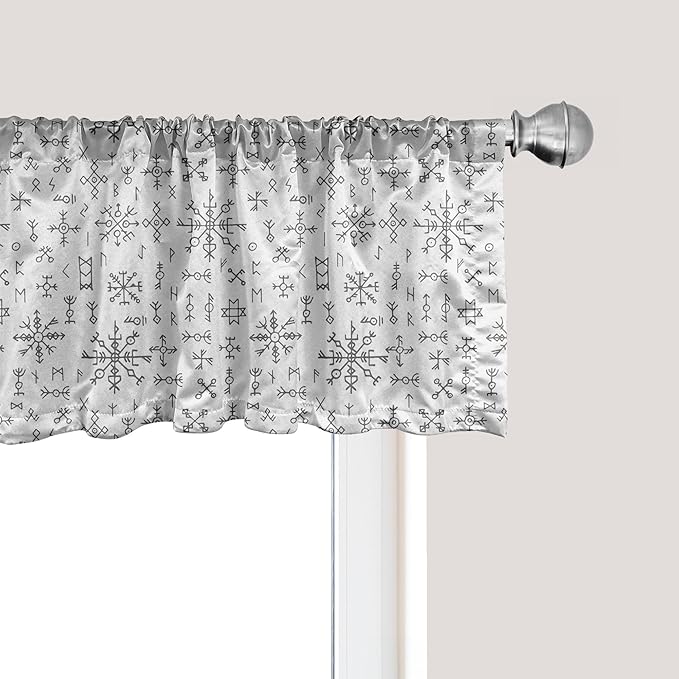 Ambesonne Nordic Window Valance, Viking Runes and Talismans Scandinavian Symbols with The Futhark Alphabet, Curtain Valance for Kitchen Bedroom Decor with Rod Pocket, 54" X 18", Dark Grey and White
