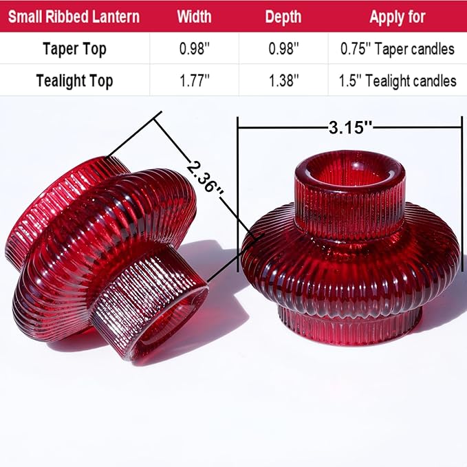 VOHO 12pcs Ribbed Taper Candle Holders for Table Centerpiece, Romantic Red Glass Candle Holder for Anniversary Wedding Decor, Double-Sided Red Tapered Candlestick Holders for Tealight & Taper Candles