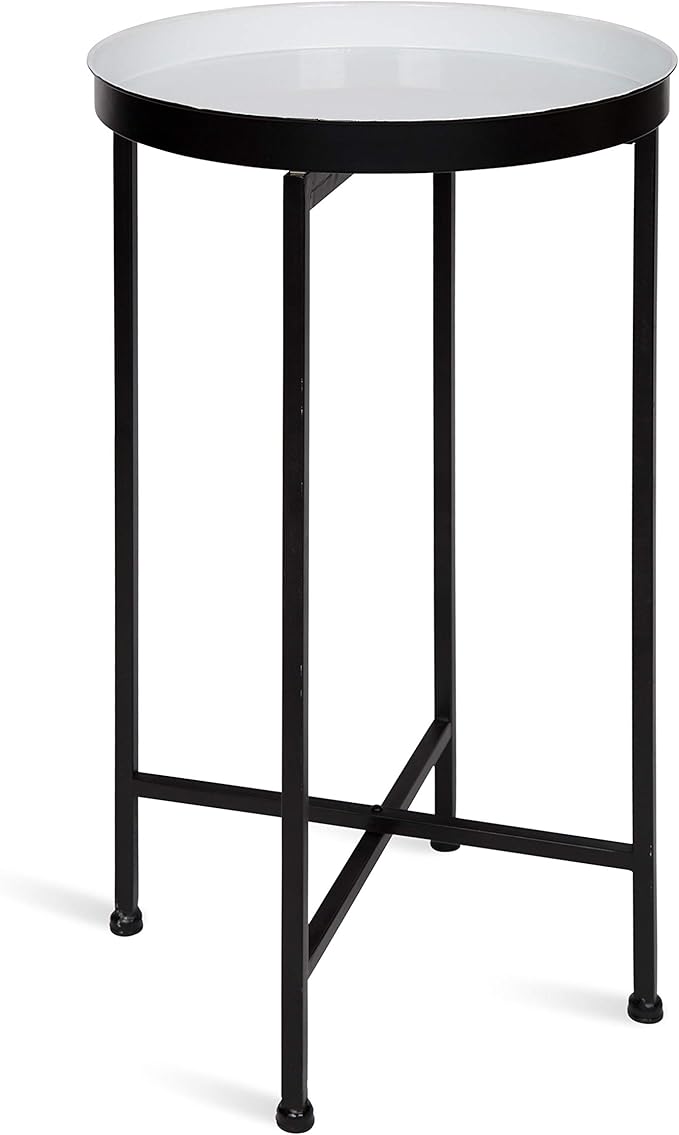 Kate and Laurel Celia Round Foldable Tray Accent Table, 14" x 14" x 25.75", White and Black, Modern Minimalist Design and Detachable Magnetic Tabletop