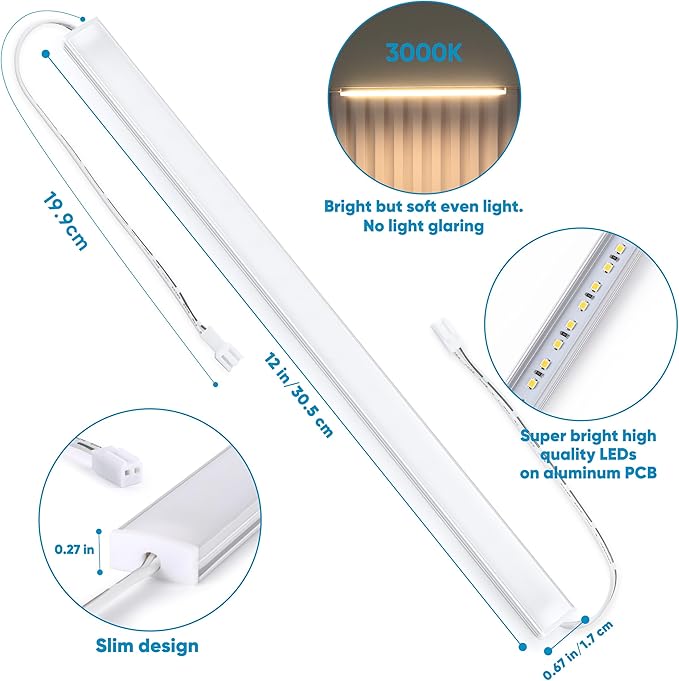 Litever Under Cabinet Lighting Set Plug in, 3 pcs 12 Inches LED Light Bars. Super Bright Dimmable Linkable for Kitchen Undercabinet Counter Top Shelf Pantry Closet Display Lighting. Warm White 3000K