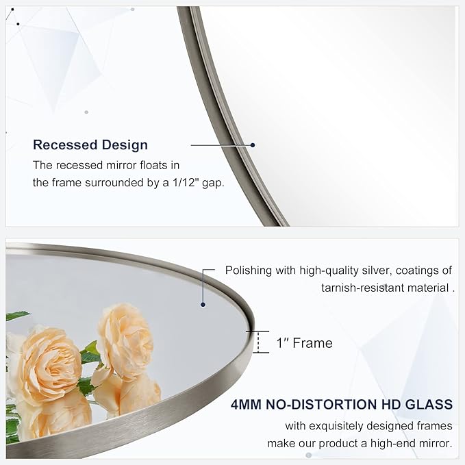 ANDY STAR Nickel Round Mirror, 26" Brushed Nickel Round Mirror, Sliver Circle Bathroom Mirrors in Stainless Steel Metal Frame 1" Deep