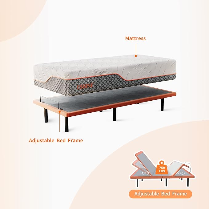 ESHINE Adjustable Bed Frame + 12" Hybrid Mattress Twin XL(Medium) - Luxury Gel Memory Foam, Massage, Wireless Remote, USB, Under Bed Night Light, Head and Foot Incline, 3000 Series