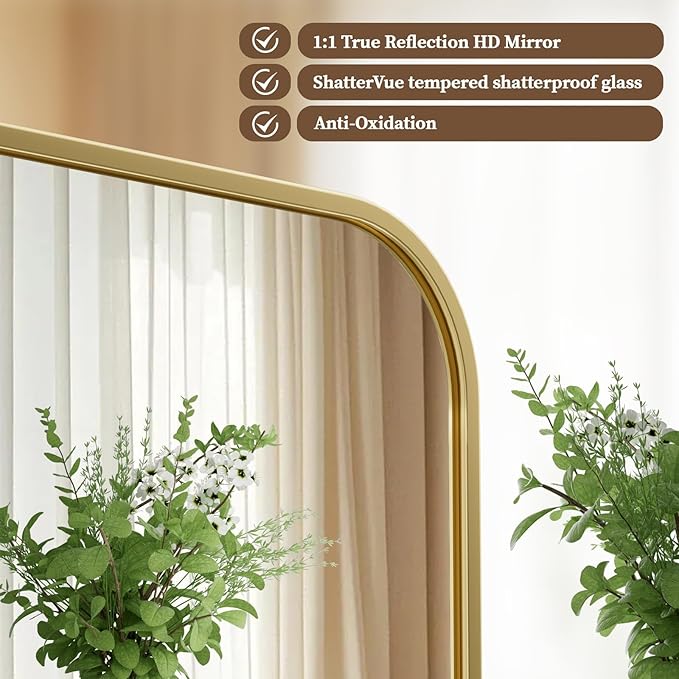 BEAUTYPEAK 20" x 28" Rectangular Aluminum Alloy Frame Wall Mounted Bathroom Mirror with Rounded Corners, Gold