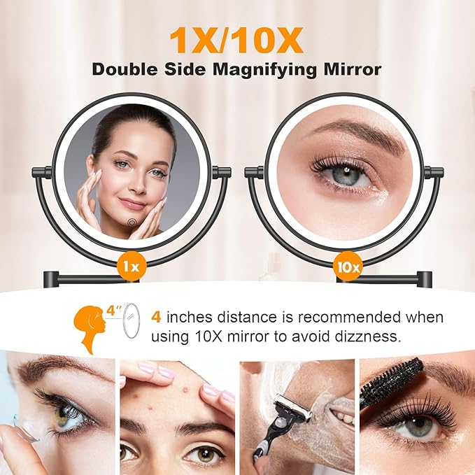FASCINATE Upgraded Wall Mounted Makeup Mirror with Lights, Super Large Double Sided 1X/10X Magnifying Mirror for Bathroom, 360° Swivel Extendable Plug Touch Sensor Vanity Mirror