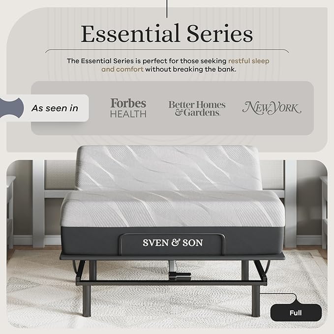 Sven and Son Essential Adjustable Bed Base (Frame) + 14 inch Hybrid Spring Matt (Medium Soft), Easy Assembly, Head and Foot Lift, Memory Positions, Zero Gravity, Wireless Remote - Full