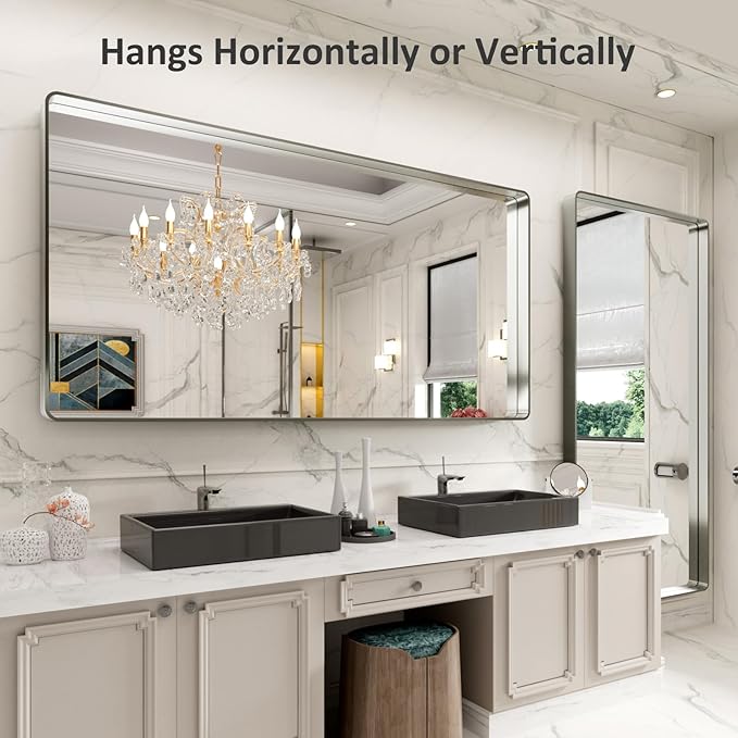 LOAAO 72X32 Inch Brushed Nickel Bathroom Mirror, Rounded Rectangle Silver Metal Frame Mirror, Brushed Nickel, Anti-Rust, Shatter Proof, Hangs Horizontally or Vertically
