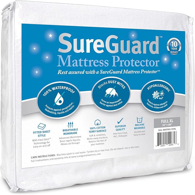 SureGuard Full Extra Long (XL) Mattress Protector - 100% Waterproof, Hypoallergenic - Premium Fitted Cotton Terry Cover White