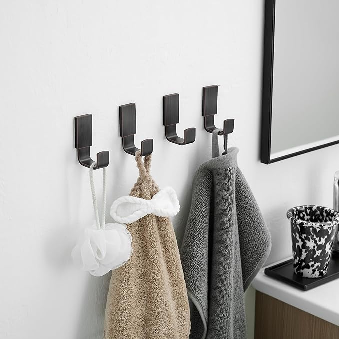 BESy Brass Clothes Hook Single Towel Hook for Bathroom Kitchen Garage Square Style Robe Hooks Coat and Hat Hook, Self Adhesive with Glue or Wall Mounted with Screws, Four Packs, Oil Rubbed Bronze