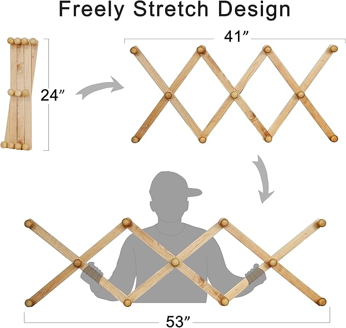 SKOLOO Hat Rack for Wall with 11 Hooks, 24 inch Solid Wooden, Modern, Huge Coat Rack Wall Mount for Coats, Hats, Bags, Cowboy Caps, Baseball Caps, Dark Walnut Color