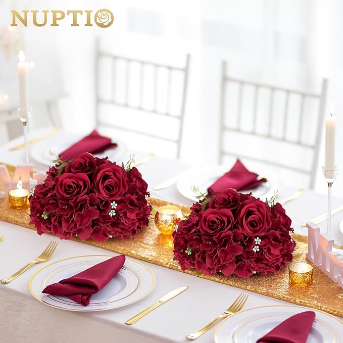 NUPTIO Flower Balls for Centerpieces Wedding: 2 Pcs 11.8 inch Diameter Artificial Flower Ball Arrangement Bouquet Centerpiece for Tables - Burgundy Fake Rose Flowers for Wedding Decor